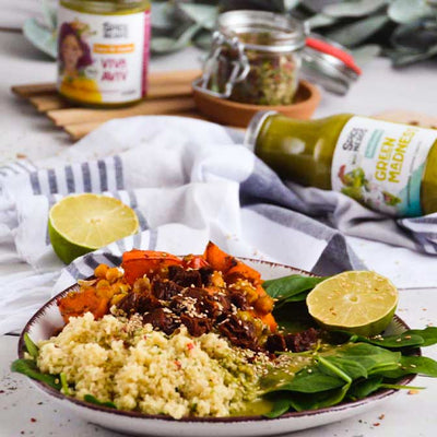 Ofengemüse mit Viva Aviv zu Couscous und einem einfachen Salat mit Green Madness Salatdressing